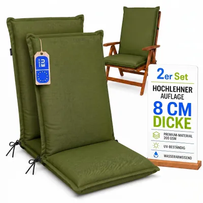Produktbild von Pillows24 - 2x Hochlehner Auflagen 120x50x8 cm | Bequeme & Wetterfeste Gartenstuhlauflagen | Polster Sitzkissen für Gartenmöbel | EU | Grün
