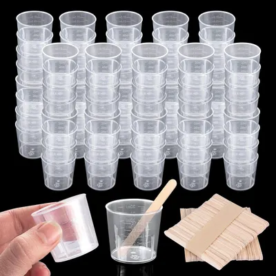 Productafbeelding van Maatbeker/mengbeker, 80 stuks, met 100 houten roerstaafjes, 30 ml, transparant kunststof