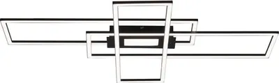 A modern LED ceiling light with a black frame and white light elements, presented against a white background.