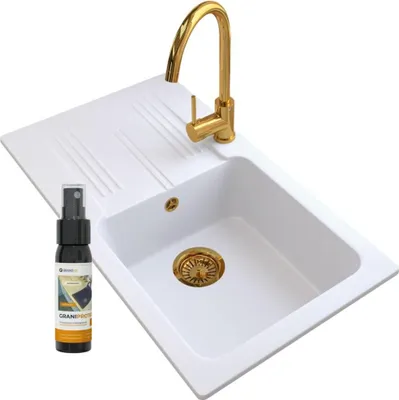 Produktbild von Granitan | Granitspüle - Spülbecken - 77,5x43,5 cm - Weiß - Küchenarmatur BETA - mit Abtropfgestell - ADA