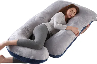 Image de Coussin de grossesse, en forme de J, pour tout le corps, avec housse en velours lavable 100% coton,Bleu&Gris
