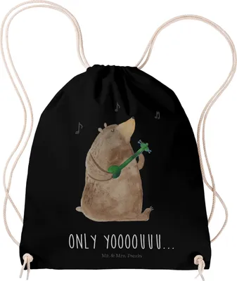 Produktbild von Mr. & Mrs. Panda Jutebeutel Bär Gitarre - Schwarz - Geschenk, wander rucksack, Teddy, Beutel, sporttasche klein, gym tasche, Rucksackbeutel