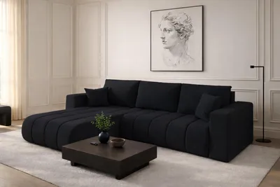 Image de Canapé d'angle avec fonction sommeil et coffre de lit MILO PREMIUM, tissu WIND, noir, gauche