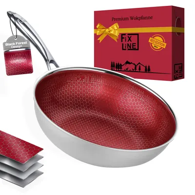 Produktbild von FIXLINE® Wokpfanne 28cm - Black Forest Design - kratzfeste Beschichtung ohne PTFE - alle Herdarten inkl. Induktion - Backofengeeignet bis 230°C