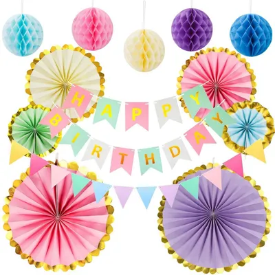 Produktbild von Geburtstagsdeko Set Macaron Pastell mit Happy Birthday Girlande & Wabenbällen