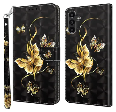Produktbild von CLM-Tech Handyhülle kompatibel mit Samsung Galaxy A15 5G Hülle - Tasche aus Kunstleder - Klapphülle mit Ständer und Kartenfächern - Schutzhülle Wallet Case Cover goldene Schmetterlinge schwarz
