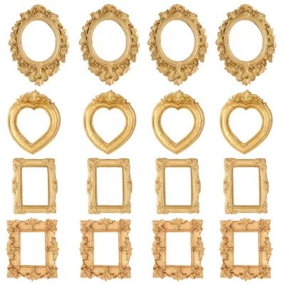 Productafbeelding van Mini fotolijstjes set - Decoratieve, reliëfachtige uitstraling van hars - Voor miniatuurfoto's en tafeldecoratie - Goud, 16 stuks in 4 vormen