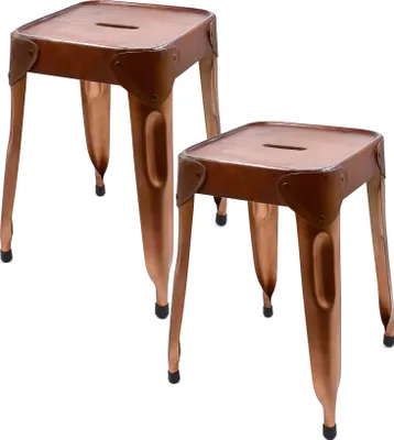 Produktbild von 2er Set Metall Hocker mit Ledersitzfläche, niedriger Barhocker, Sitzhöhe 46cm Tresenhocker, Eisen Bistrohocker im Industrie Design, Kupfer