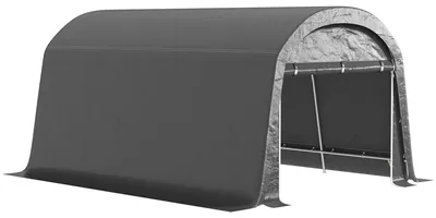 Image de Tente de stockage Outsunny 3 x 4,5 x 2,3 m, tente de garage en acier galvanisé, protection UV, imperméable, tente pour moto, abri à outils avec porte à fermeture éclair, gris foncé