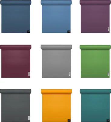 A collage of nine different colored yoga mats, each rolled up and presented individually against a white background.