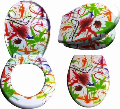 A collage of a toilet seat and lid with a colorful abstract paint splatter design.