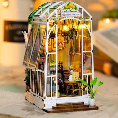 Image de DIY Book Nook Kit, Kit maison de poupées miniature DIY avec meubles et lumière LED, 3D Puzzle serre-livres en bois, kits de modèles pour adultes enfants
