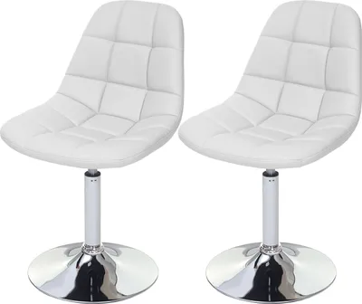 Two white swivel chairs with chrome bases on a white background.