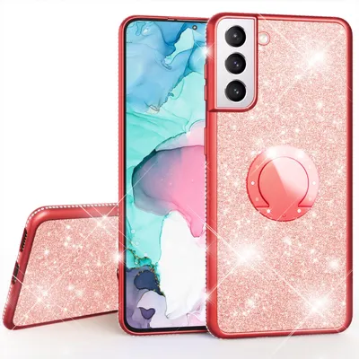 Produktbild von Für Samsung Galaxy S21 FE - Glitzer Ringhülle 360-Grad Finger-Halter Rose Gold