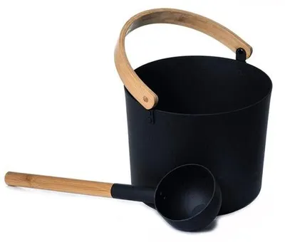 Image de Ensemble de seau et cuillère en aluminium pour sauna, avec tige et cuillère en bois