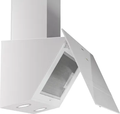 A white kitchen range hood with its front panel open, revealing the filter inside. The hood has two circular LED lights at the bottom.
