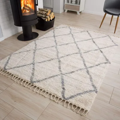Produktbild von Teppich Wohnzimmer Schlafzimmer Beige Hochflor Langflor Fransen Boho Karo 80 x 200 cm