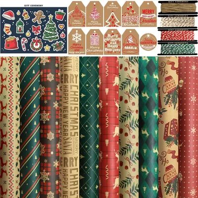 Productafbeelding van Kerstcadeaupapierset - Inclusief 10 papier - 10 labels - Kraftpapier - 4 rollen koorden en metaal voor cadeauverpakkingen
