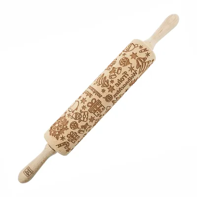 Produktbild von MoodForWood Nudelholz aus Holz, graviert, 43 cm mit Griffen, perfekt zum Backen - Frohe Weihnachten-Muster