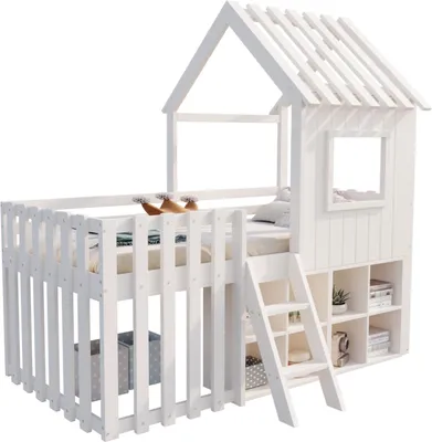 Produktbild von Kinderbett Hausbett 90x200, mit Dach und Fenster, mit offenem Stauraum, mit Kletterleiter, Massivholz-Kinderetagenbett ohne Matratze, weiß