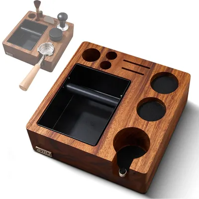 Produktbild von Espresso Tamper Station aus Walnussholz 58mm, 3-in-1 Siebträgerhalter mit höhenverstellbarer Stütze & rutschfesten Silikonpads