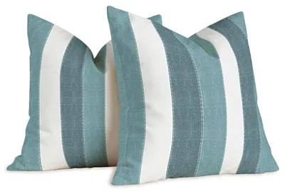 Produktbild von Set mit 2 Kissenbezügen, blau/weiß, 40 x 40 cm, gestreiftes Leinen, dekorative Kissenbezüge für Sofa, Wohnzimmer, Landhausstil