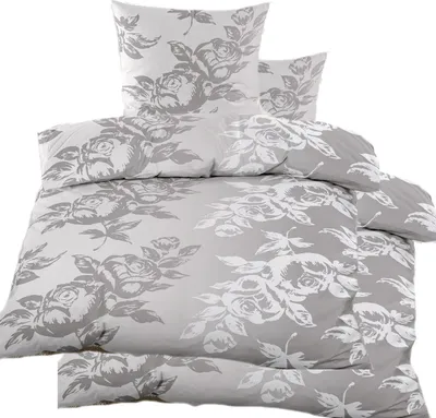 Produktbild von 4-tlg. Biber Winter Bettwäsche 2x (135 x 200 + 80x80 cm), grau weiß Blüten, Baumwoll Mischgewebe