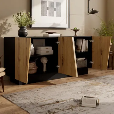 Produktbild von okwish Sideboard Wohnzimmerschrank mit verstellbarem Einlegeboden,Beistellschrank Flurschrank mit großem Stauraum,Schwarz+Holzfarbe
