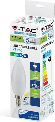 The image shows the packaging of a V-TAC LED candle bulb.