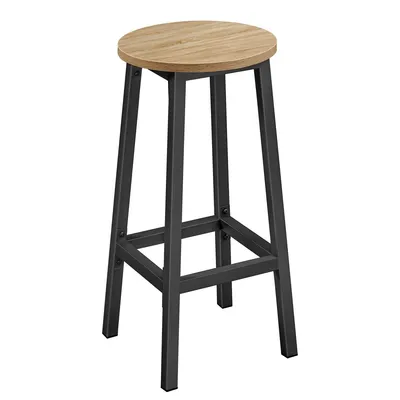 A high bar stool with a round wooden seat and black metal legs, shown against a white background.