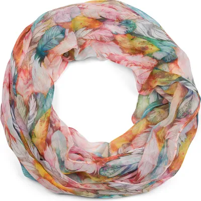 Produktbild von styleBREAKER Damen Loop Schal mit buntem Feder Muster, leichter sommerlicher Boho Schlauchschal mehrfarbig 01016239