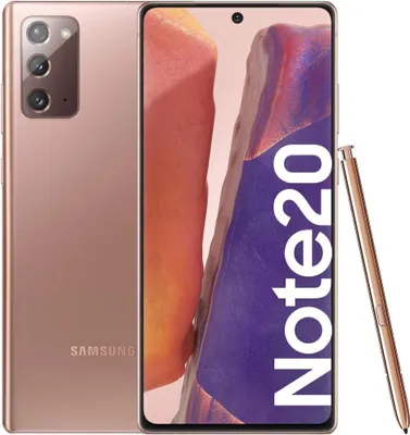 A Samsung Galaxy Note 20 smartphone in bronze, shown from the front and back, with its stylus pen.