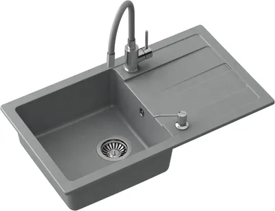 Produktbild von QUADRON Granitspüle READY-MAX GraniteQ Küchenspüle Einbeckenspüle 77x44x17,5 cm, Spülbecken Set mit Armatur Siphon Seifenspender, Grau