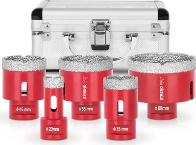 Produktbild von Diamant Bohrkronenaufsatz-Set Premium CRYSTAL 20-35-45-55-68mm | für Fliesen, Glas, Feinsteinzeug, Keramik, Granit, Steinfliesen | Winkelschleifer Flex M14, Fliesenbohrer, Winkelschleifer, Diamantbohrer