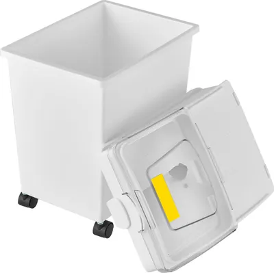 A white storage bin with its lid open, showing an interior compartment. The bin has wheels at the bottom.