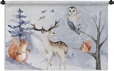 Produktbild von MuchoWow® Wandteppich Wandbehang Winter - Schnee - Hirsche 90x60 cm Tapisserie Dekoration Wandtuch - Wandskulpturen - Bildteppich