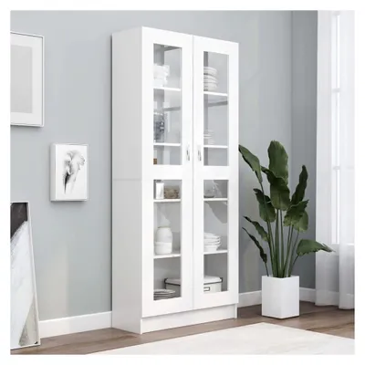 Produktbild von Vitrinenschrank, Glasvitrine, Bücherschrank mit 2 Türen und 5 Fächern, Hochschrank für Wohnzimmer, Küche, Esszimmer und Büro, Weiß 82,5x30,5x185,5 cm