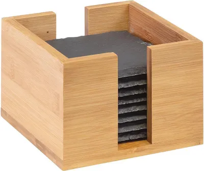 Immagine prodotto di Sottobicchieri in ardesia naturale Westmark in scatola di bambù 10x10cm, colore ardesia/naturale (confezione da 8)