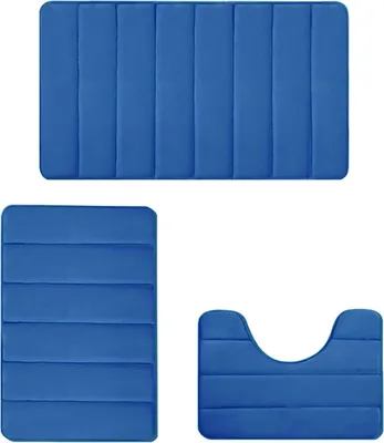 Produktbild von OKWISH 3 Stück Badteppich Badematten Set Waschbar rutschfest Badvorleger Duschvorleger Duschmatte Badteppich für Badezimmer Blau