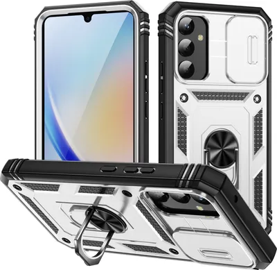 Obrázek produktu pro Pouzdro pro Samsung Galaxy A34 posuvná ochrana kamery, robustní nárazuvzdorné, s držákem prstenu, stojánkem a držákem na karty Bílý