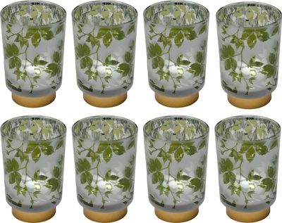 Deko Glas Ø 8,5 cm 8er Set Windlicht auf Metallsockel mit Blätter Motiv