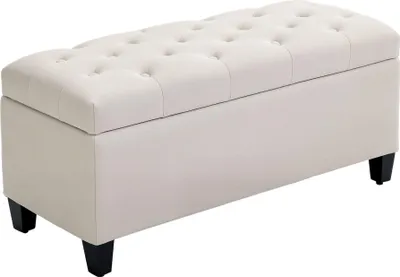 Produktbild von Sitzbank mit Stauraum, Polsterbank Leinenoptik, Truhenbank Holzbeine 100x40x44 cm Cremeweiß für Wohnzimmer Flur Schlafzimmer