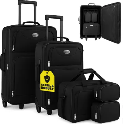 Produktbild von MONZANA® Trolley Kofferset 4 teilig Reisetaschen Set leicht Kulturbeutel ineinander verstaubar Netzfach Teleskopgriff Koffer Weekender Handgepäck Weichschale mit Rollen schwarz