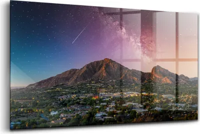 Obrázok produktu pre Obraz z tvrdeného skla - Maľovanie Stien - Temperované Sklo - 120x60 cm - Hory s galaxiou na oblohe
