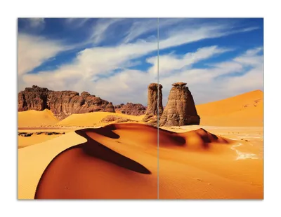 Produktbild von Wallario Herdabdeckplatte aus Glas, Größe 70 x 52 cm 2-teilig, Motiv Felsen und Sand in der Sahara Wüste