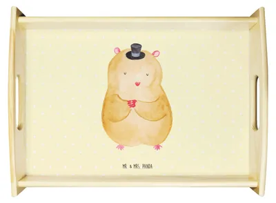 Produktbild von Mr. & Mrs. Panda Tablett Hamster Hut - Gelb Pastell - Geschenk, Servier, Zylinder, holz serviertablett, Zauberer, Lustige Sprüche, Zwerghamster, Magier, Dekotablett