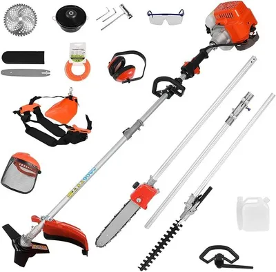 Obrázek produktu pro 5 v 1: Benzínová sekačka (52cc), křovinořez, štípačka, rotační kultivátor, štípačka na větve – oranžová barva