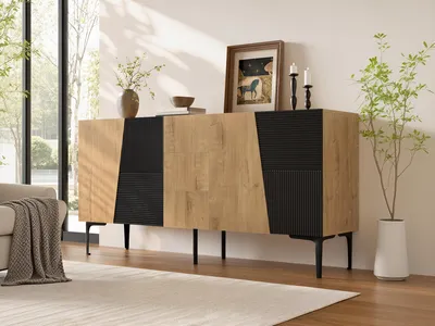 Produktbild von okwish Moderne Kommode Eisenbeine, Schubladen mit 3 Schubladen und 4 Türen, Wohnzimmerschrank, Natur+ Schwarz