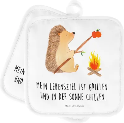 Produktbild von Mr. & Mrs. Panda 2er Set Topflappen  Igel Grillen - Weiß - Geschenk, topfhalter, Lustige Sprüche, Ziele, Spruch, Motivation, Topfuntersetzer, Topflappenset, Kochlappen
