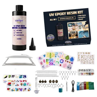 Produktbild von Lukana UV Resin Set mit Lampe 36W – Epoxidharz Starter Set 250g – Schmuck Set DIY komplett – UV Harz ohne Mischen, transparent, schnell härtend